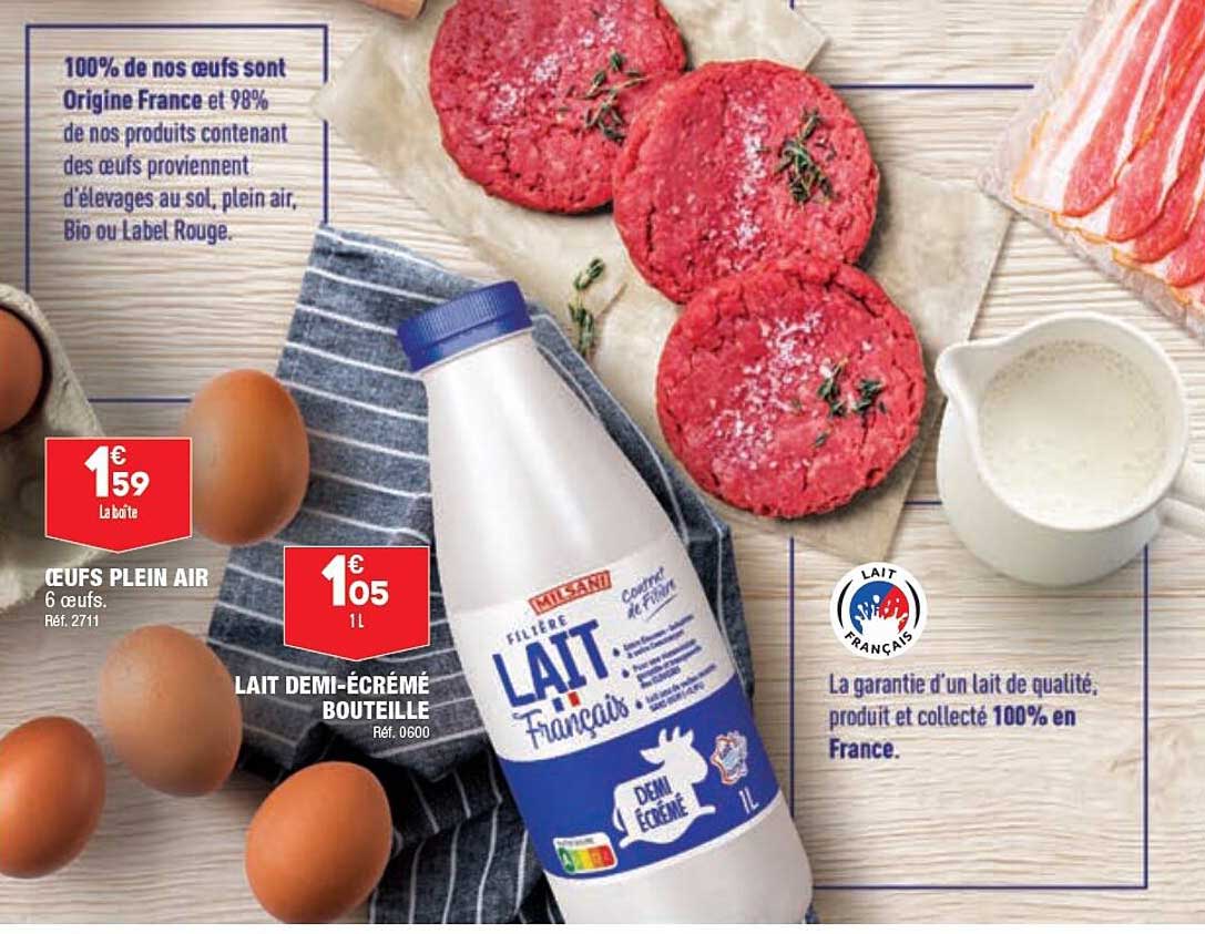 œufs plein air, lait demi-écrémé bouteille