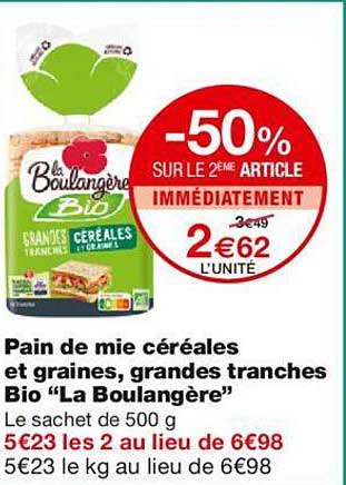 pain de mie céréales et graines, grandes tranches bio "la boulangère"
