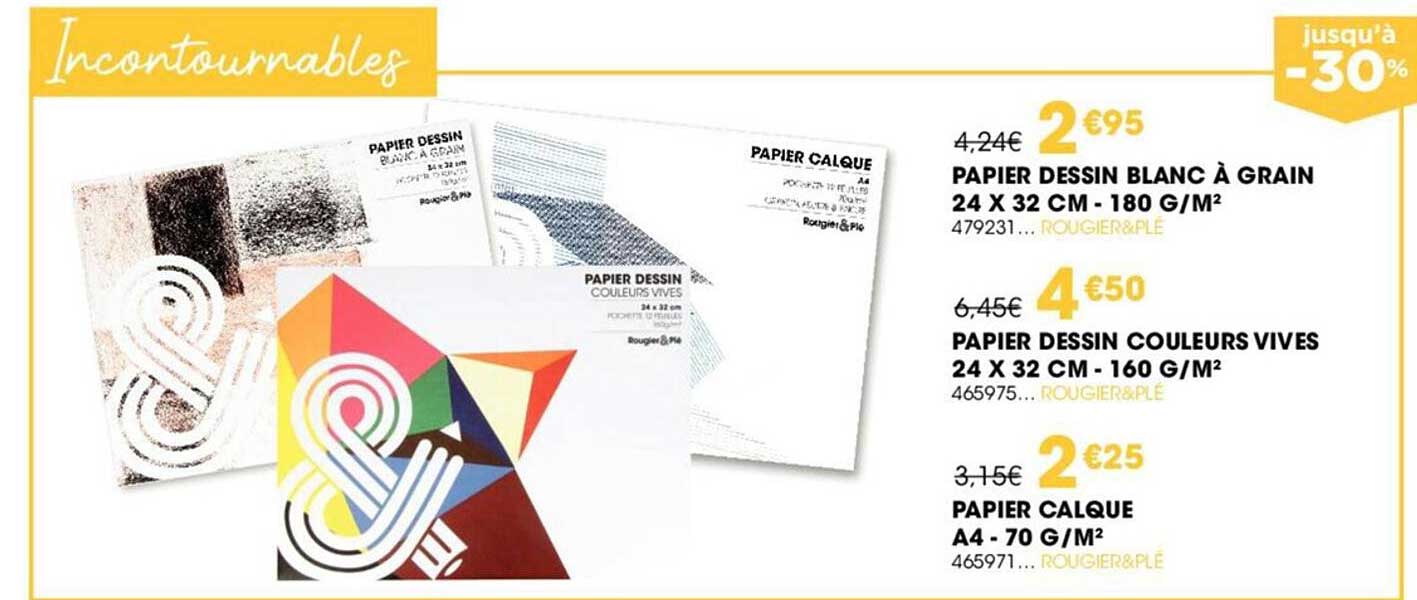 papier dessin blanc à grain 24 x 32 cm - 180 g/m² , papier dessin couleurs vives 24 x 32 cm - 160 g/m², papier calque a4 - 70 g/m² rougier & plé