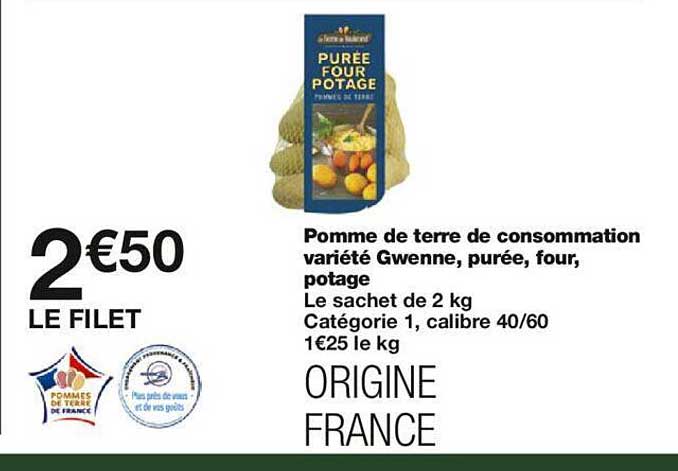 pomme de terre de consommation variété gwenne, purée, four, potage