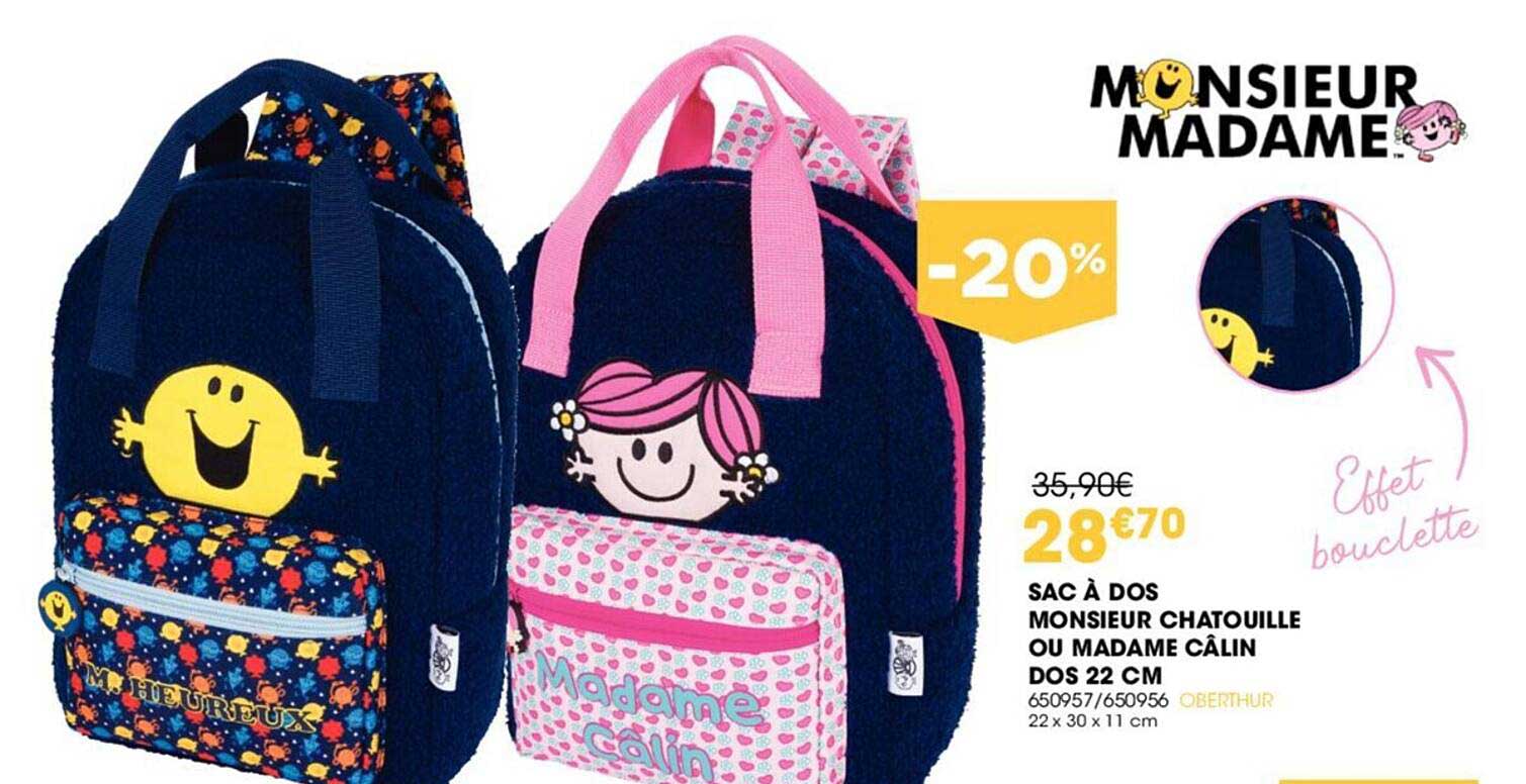 sac à dos monsieur chatouille ou madame câlin dos 22 cm