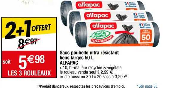 sacs poubelle ultra resistant liens larges 50 l alfapac