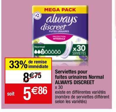 serviettes pour fuites urinaires normal always discreet