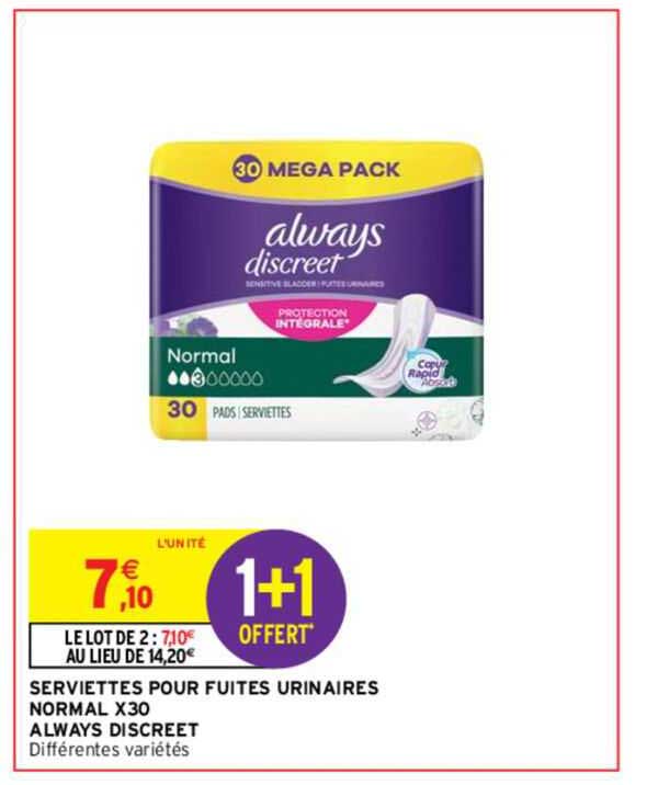 serviettes pour fuites urinaires normal x30 always discreet