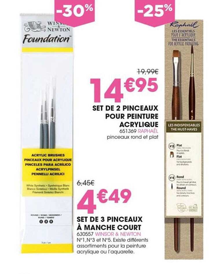 set de 2 pinceaux pour peinture acrylique, set de 3 pinceaux à manche court winsor & newton