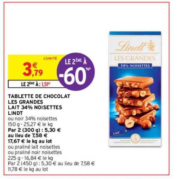 tablette de chocolat les grandes lait 34% noisettes lindt