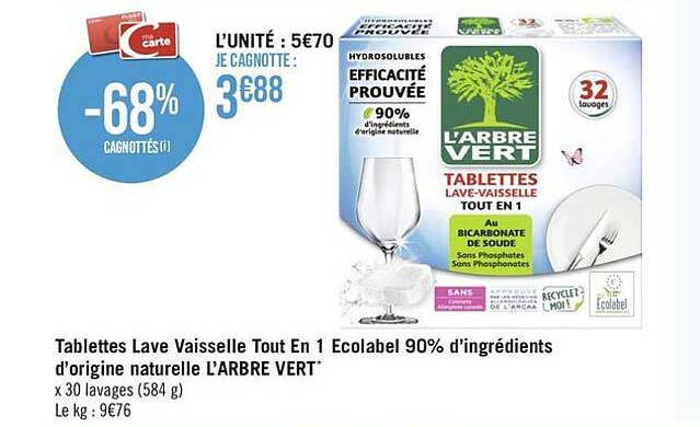 tablettes lave vaisselle tout en 1 écolabel 90% d'ingrédients d'origine naturelle l'arbre vert