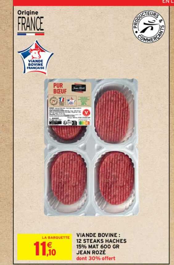 viande bovine : 12 steaks hachés 15% mat 600 gr jean rozé