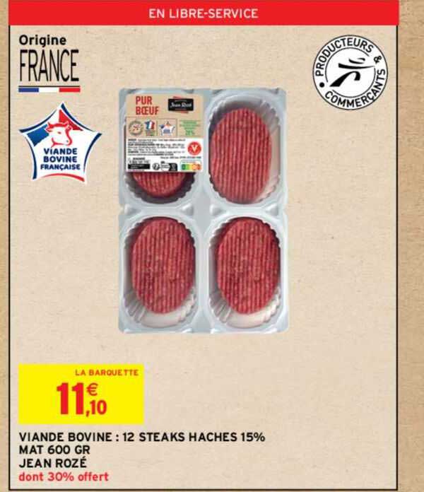 viande bovine : 12 steaks hachés 15% mat 600 gr jean rozé
