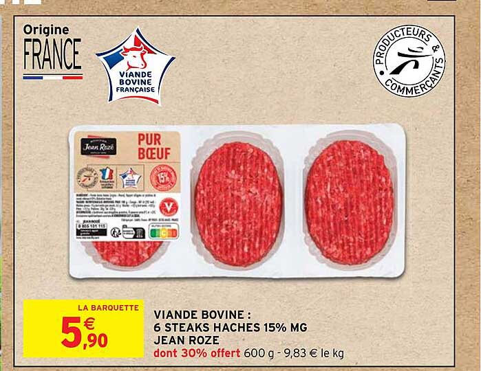 Viande Bovine : 6 Steaks Hachés 15% Mg Jean Rozé