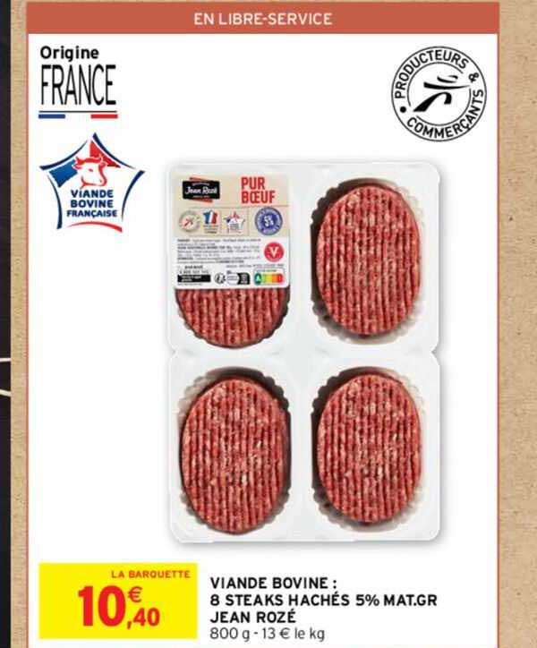 viande bovine : 8 steaks hachés 5% mat. gr. jean rozé