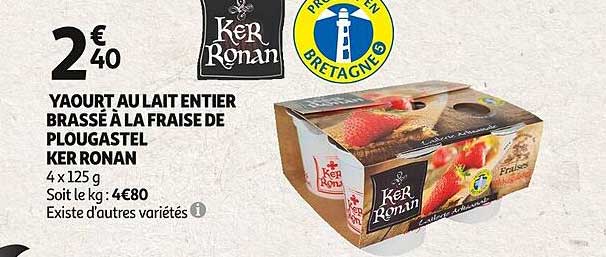 yaourt au lait entier brassé à la fraise de plougastel ker ronan