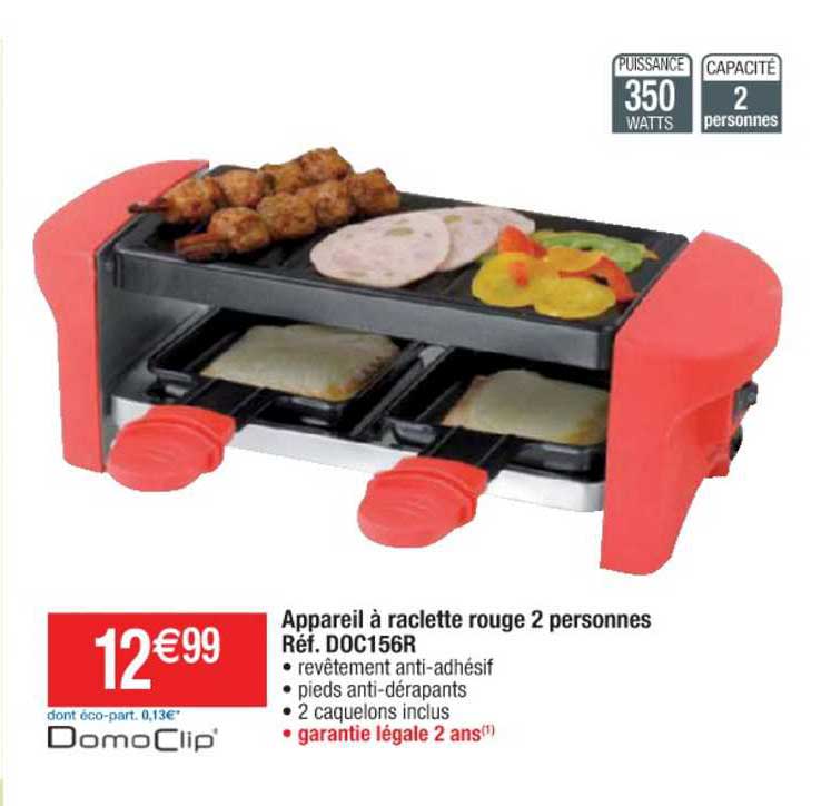 appareil à raclette rouge 2 personne réf. doc156r domoclip