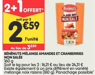 bénenuts mélange amandes et cranberries non salée 2+1 offert
