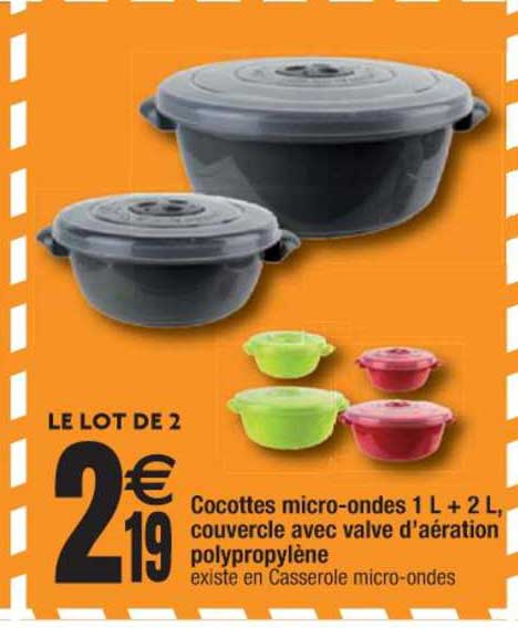 cocottes micro ondes 1 l + 2 l couvercle avec valve d'aération polypropylène