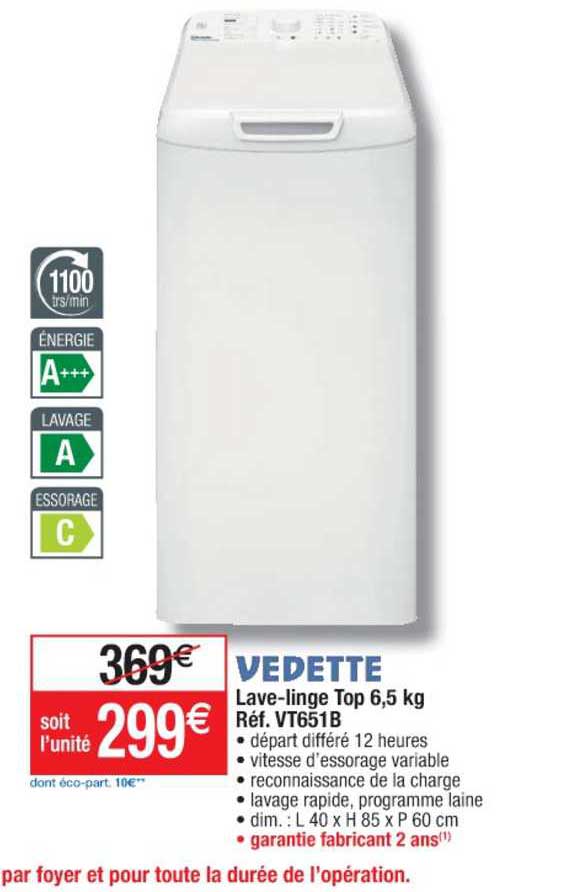 lave linge top 6.5 kg réf. vt651b vedette