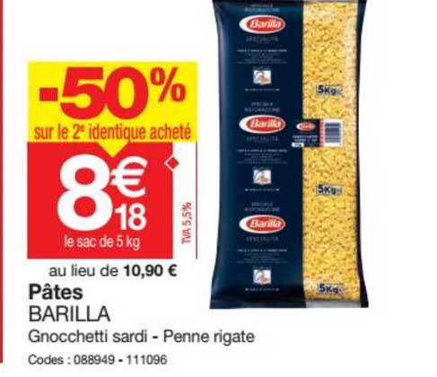 pâtes barilla -50% sur le 2e identique acheté