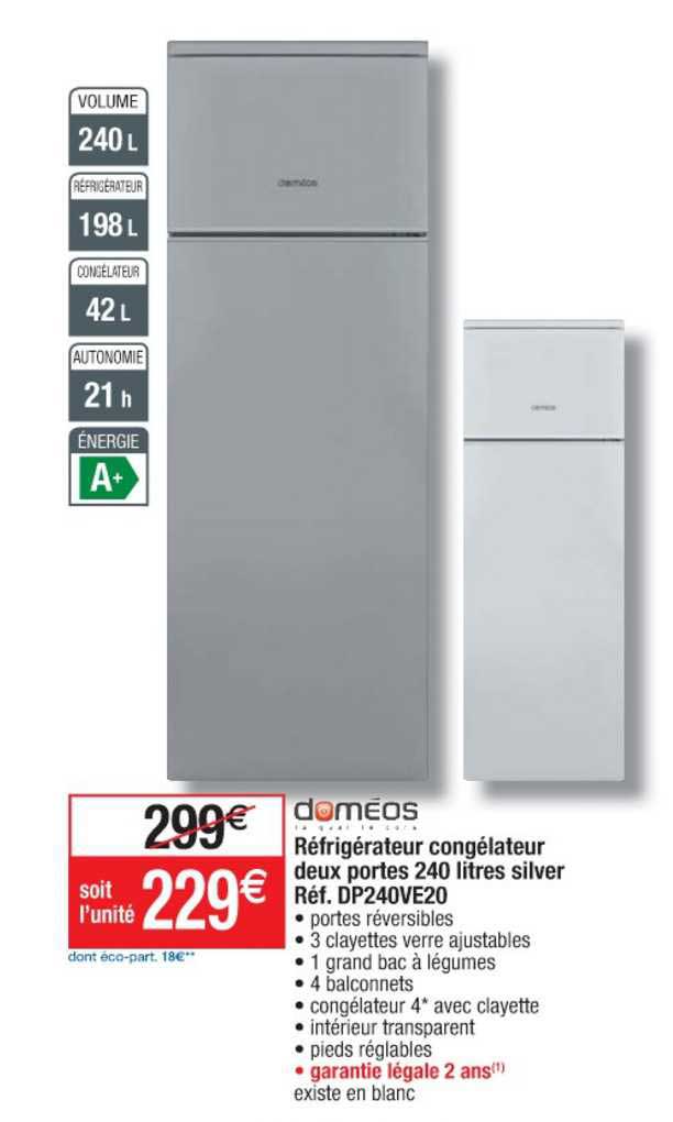 réfrigérateur congélateur deux portes 240 litres silver réf. dp240ve20 doméos