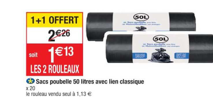sacs poubelle 50 litres avec lien classique 1+1 offert