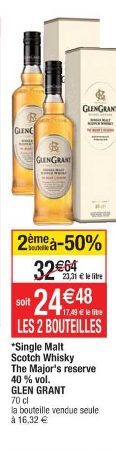 single malt scotch whisky the major's reserve 40% vol. glen grant 2ème bouteille à -50%