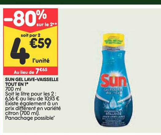 sun gel lave vaisselle tout en 1 -80% sur le 2e