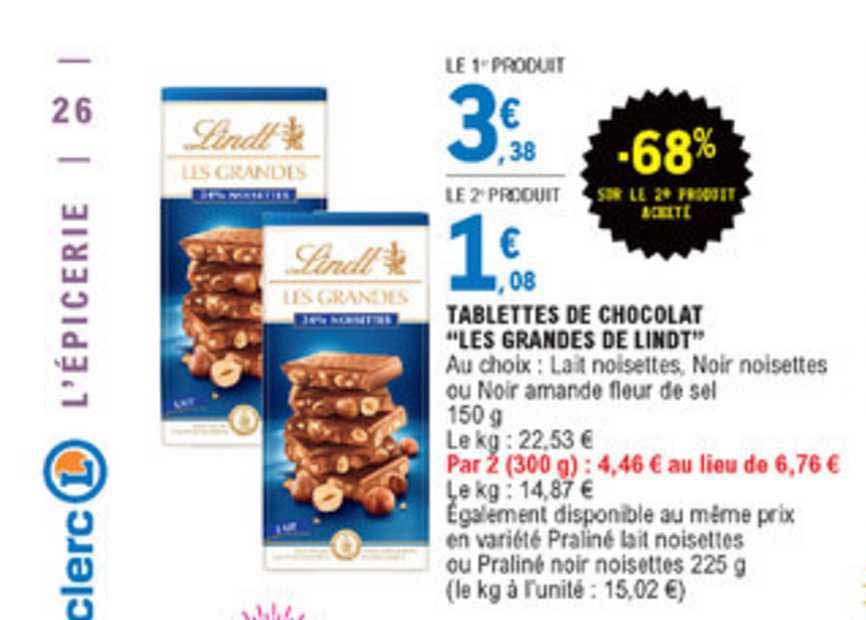 tablettes de chocolat les grandes de lindt -50% sur le 2e produit acheté