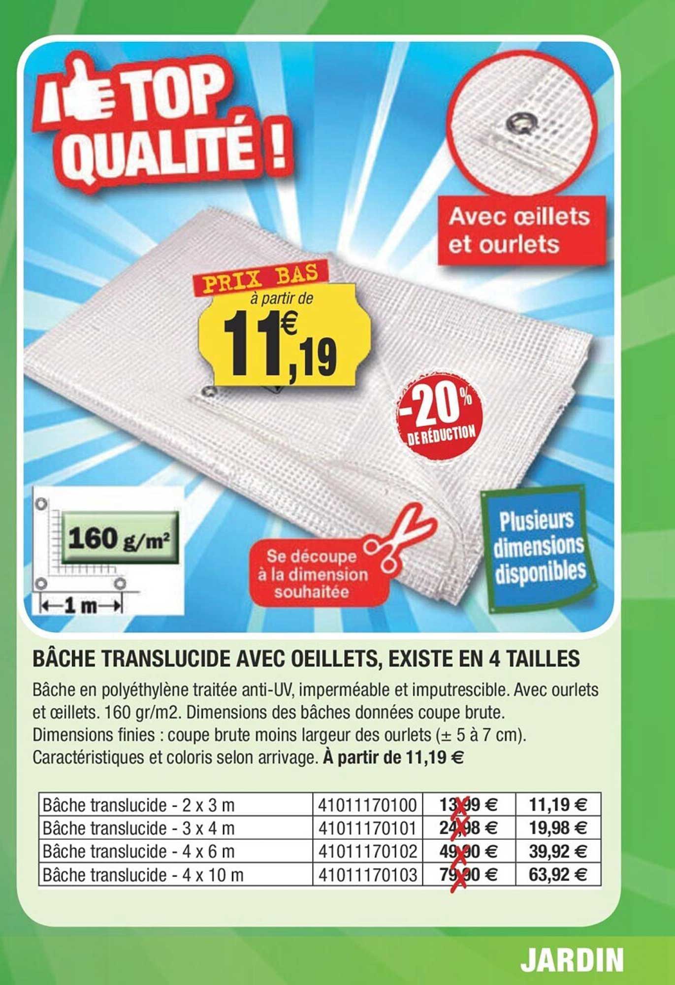 bâche translucide avec œillets, existe en 4 tailles