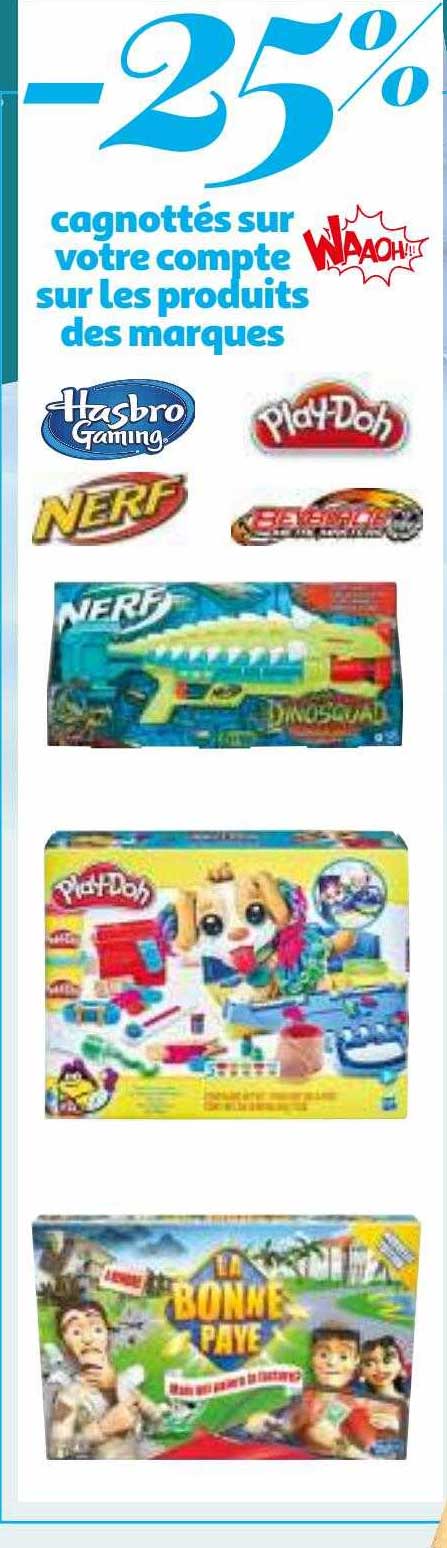 les produits des marques hasbro gaming, nerf, play-doh