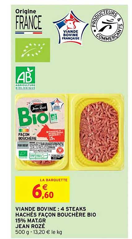 viande bovine : 4 steaks hachés façon bouchère bio 15% mat.gr. jean rozé