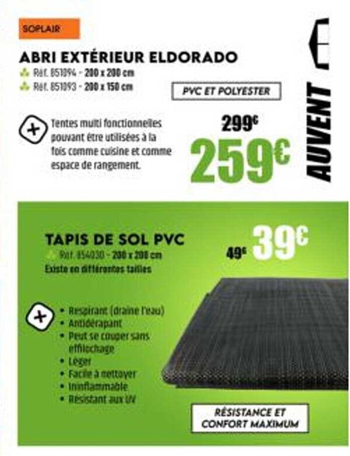 abri extérieur eldorado soplair, tapis de sol pvc