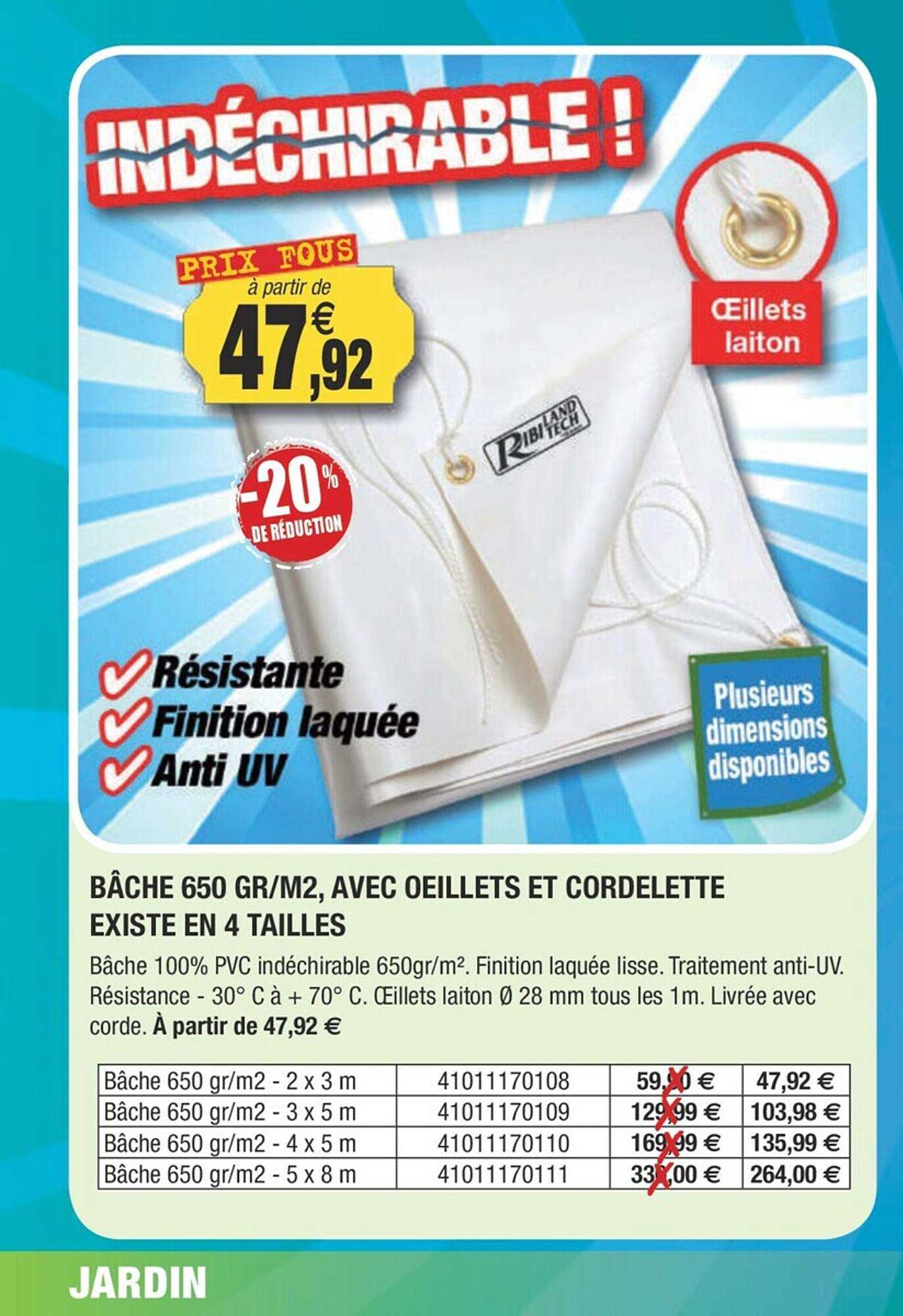 bâche 650 gr-m², avec oeillets et cordelette existe en 4 tailles