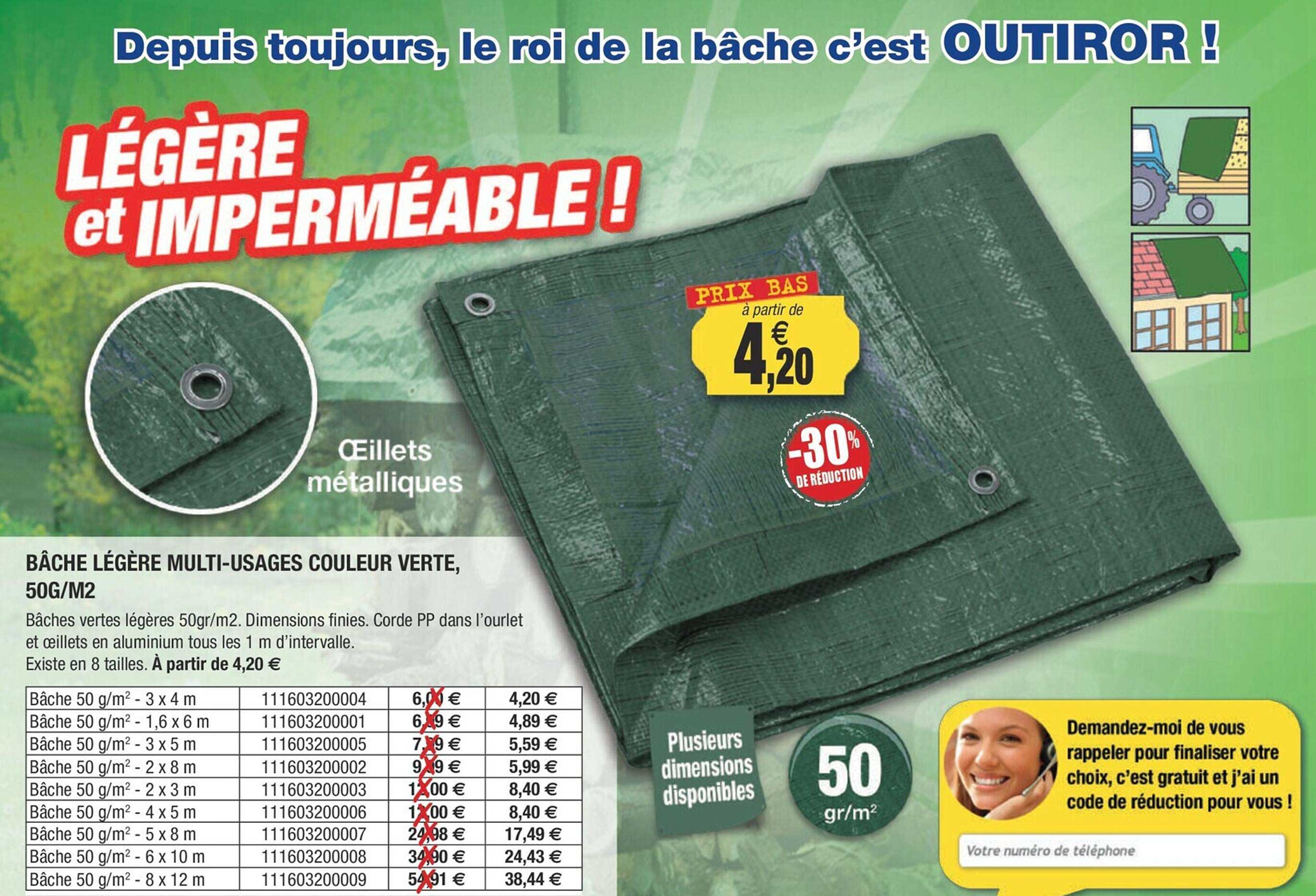 bâche légère multi-usages couleur verte, 50g-m²