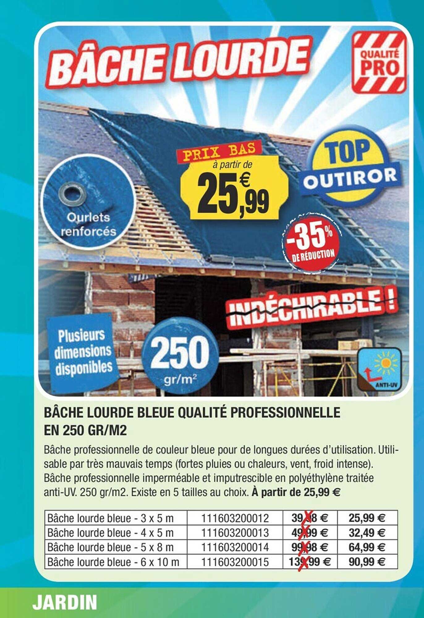 bâche lourde bleue qualité professionnelle en 250 gr-m²