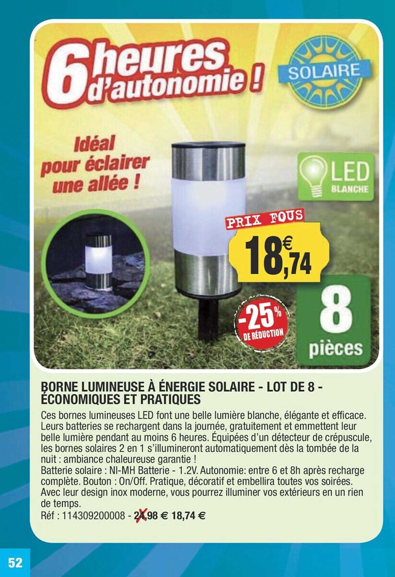 borne lumineuse à énergie solaire - lot de 8 - économiques et pratiques