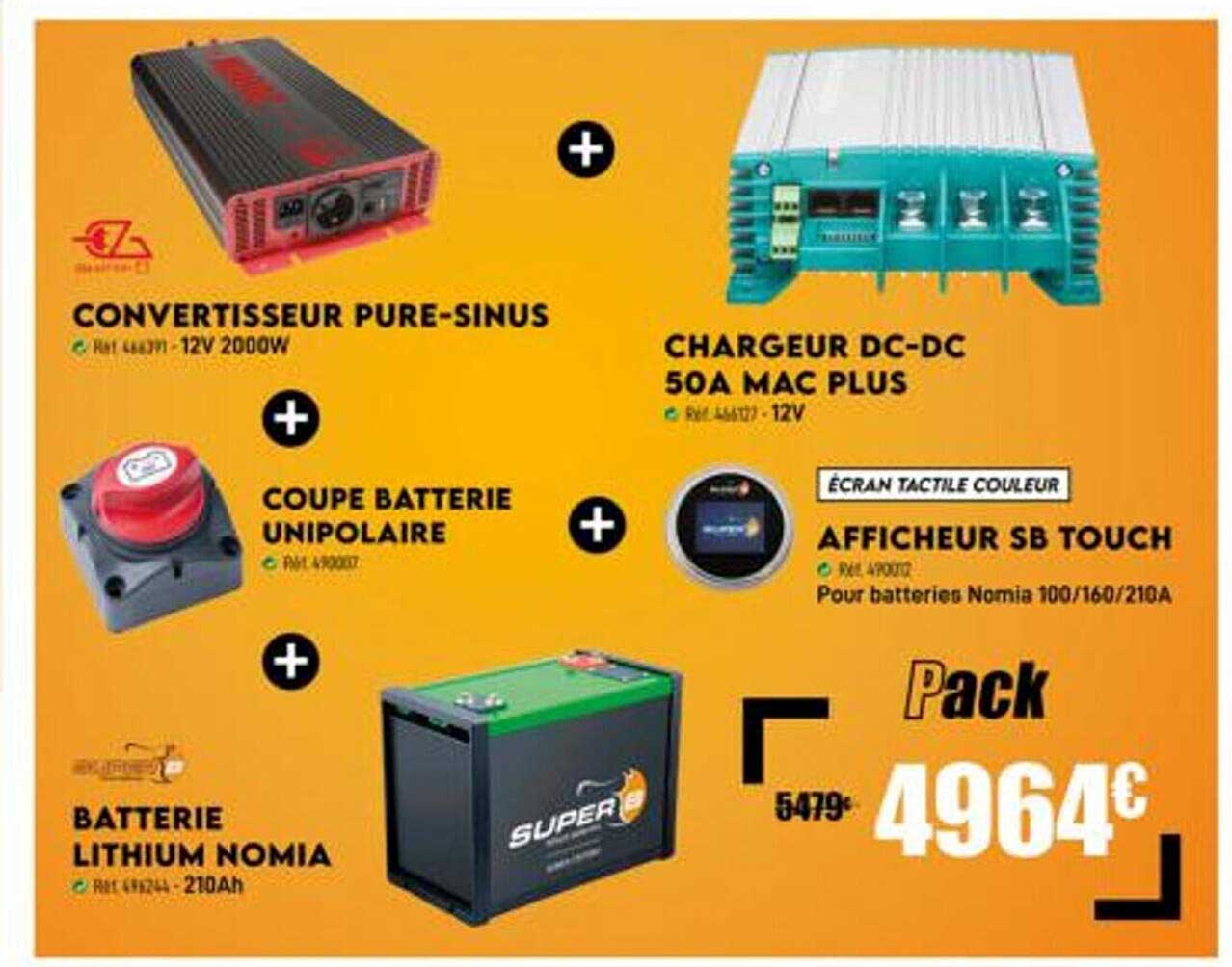 convertisseur pure-sinus, coupe batterie unipolaire, batterie lithium nomia, afficheur sb touch, chargeur dc-dc 50a mac plus