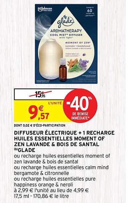 diffuseur électrique + 1 recharge huiles essentielles moment of zen lavande & bois de santal glade