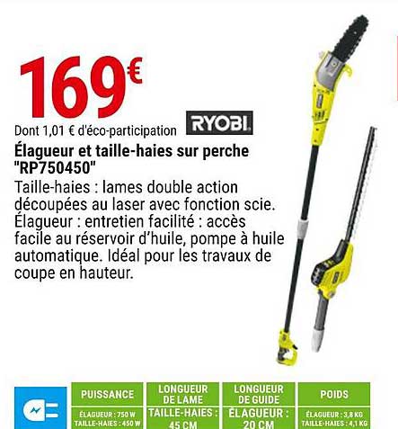 élagueur et taille-haies sur perche "rp750450" ryobi