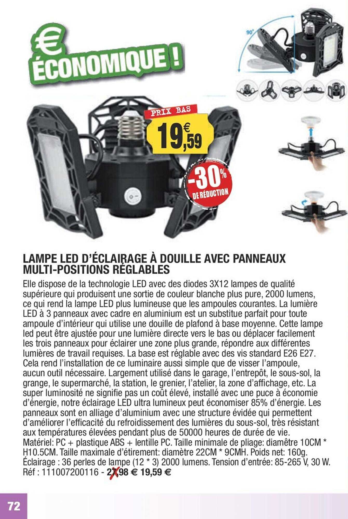 lampe led d'éclairage à douille avec panneaux multi-positions réglables