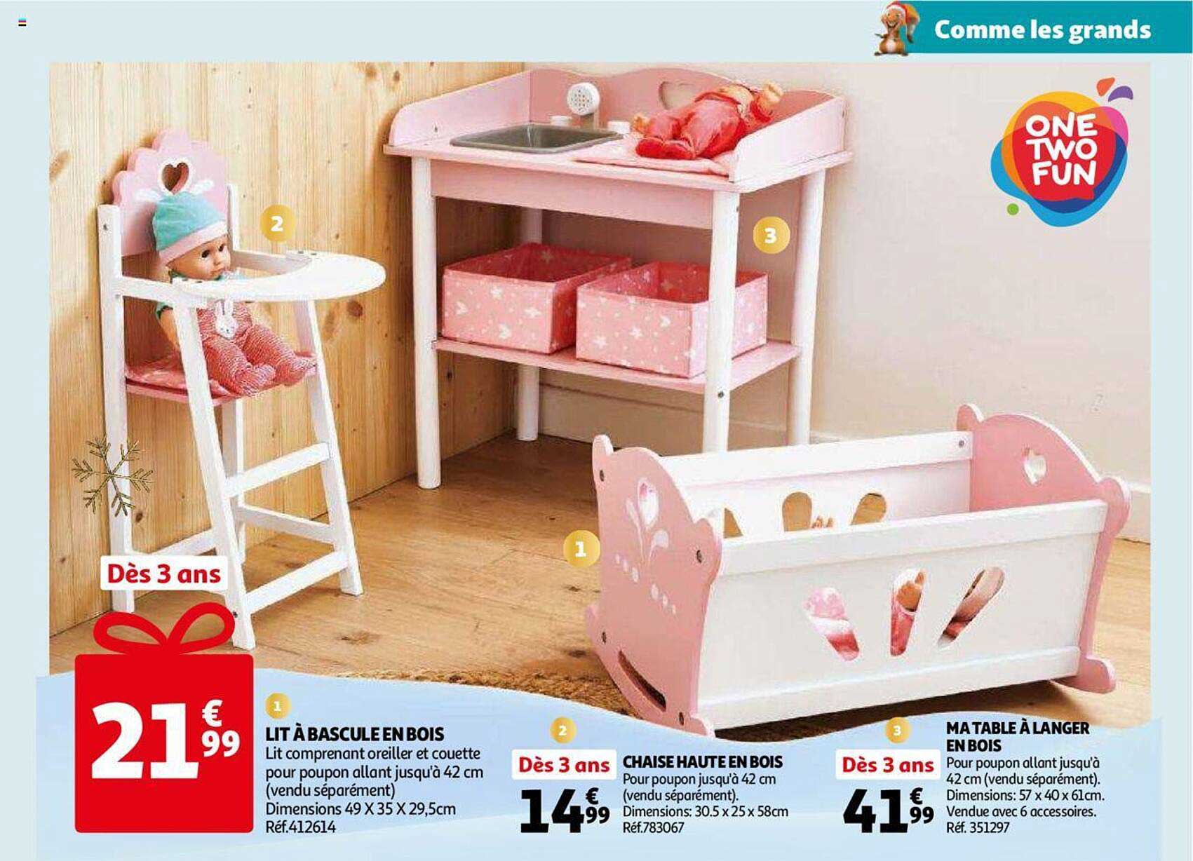 lit à bascule en bois, chaise haute en bois, ma table à langer en bois one two fun
