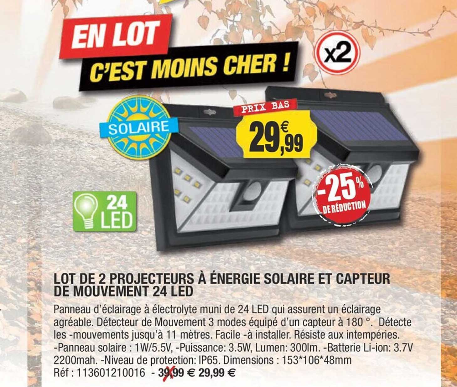 lot d e2 projecteurs à énergie solaire et capteur de mouvement 24 led