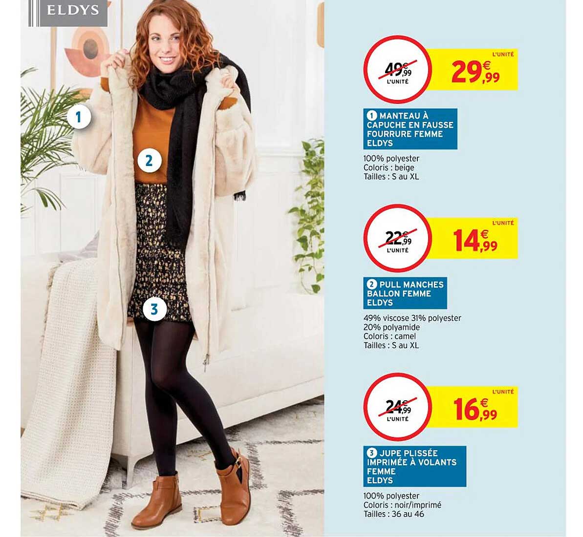 manteau à capuche en fausse fourrure femme eldys, pull manches ballon femme eldys, jupe plissée imprimée à volants femme eldys