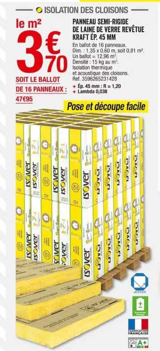 panneau semi-rigide de laine de verre revêtue kraft