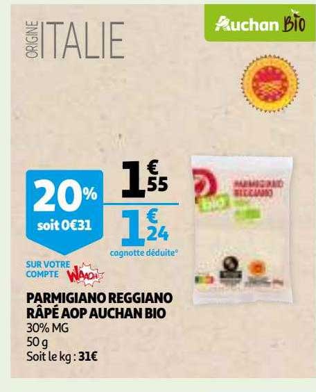 Parmigiano Reggiano Râpé Aop Auchan Bio