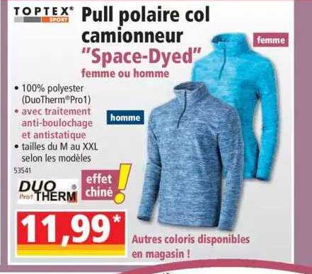 pull polaire col camionneur "space-dyed" femme ou homme toptex sport