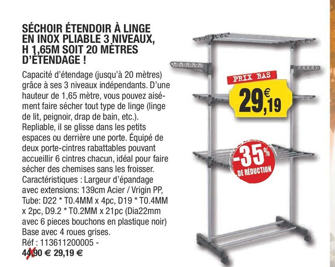 séchoir étendeur à linge en inox pliable 3 niveaux, h 1,65 m soit 20 mètres d'étendage