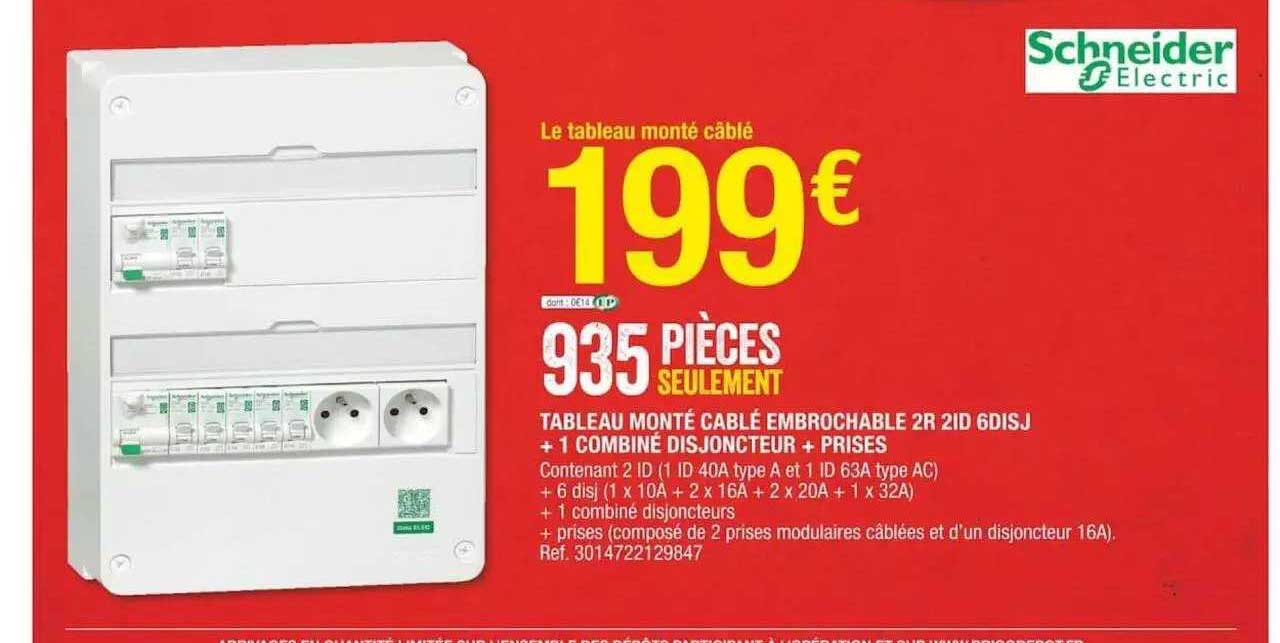tableau monté câblé embrochable 2r 2id 6disj + 1 combiné disjoncteur + prises schneider electric