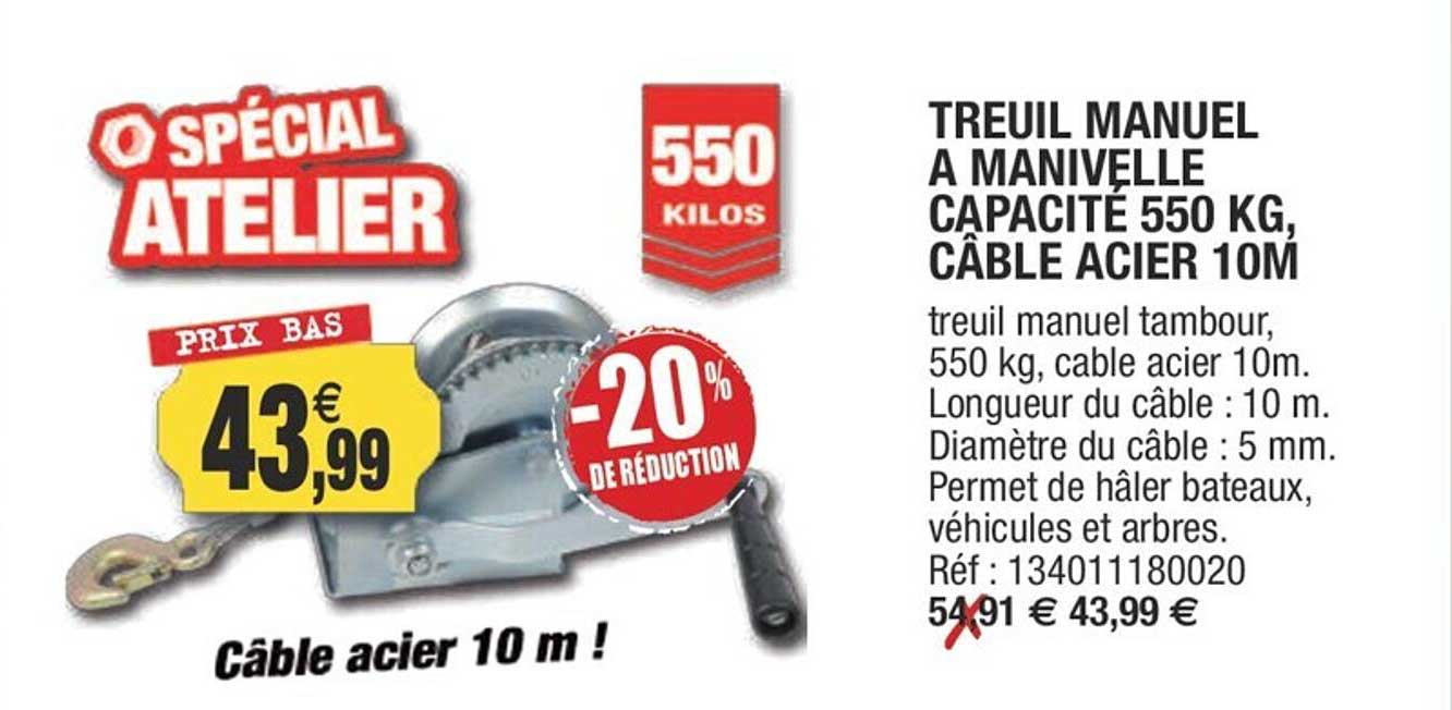 Treuil Manuel à Manivelle Capacité 550 Kg, Câble Acier 10 M