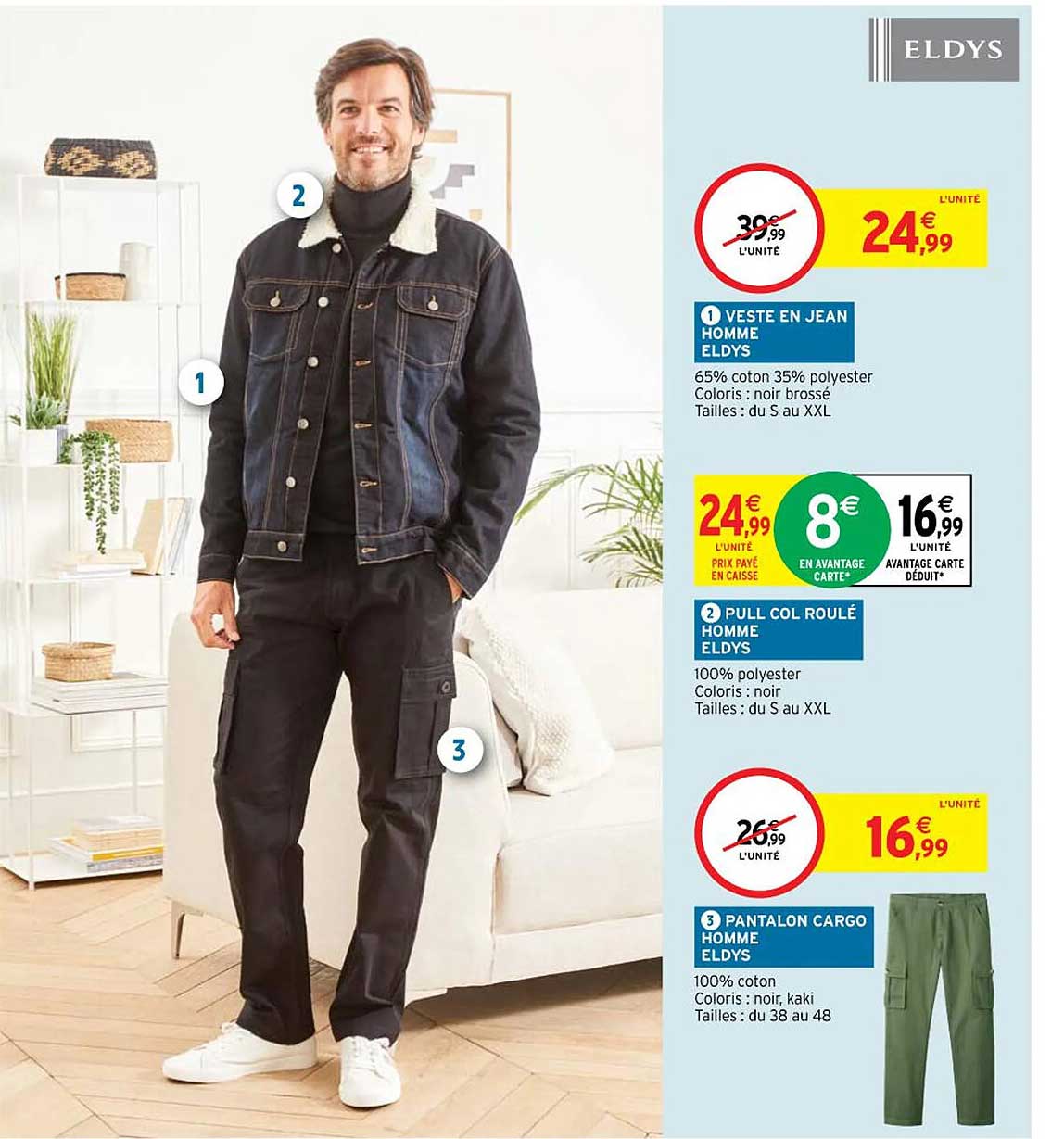 veste en jean homme eldys, pull col roulé homme eldys, pantalon cargo homme eldys