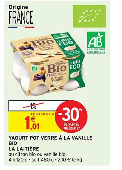 Yaourt Pot Verre à La Vanille Bio La Laitière