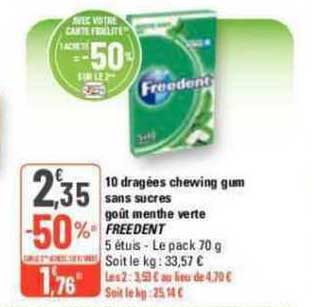 10 Dragées Chewing Gum Sans Sucres Goût Menthe Verte Freedent